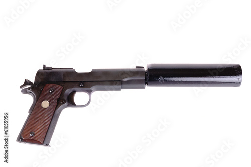 Canvas Print 45 ACP with a silencer attached, the weapon of choice of a hit man, isolated ove