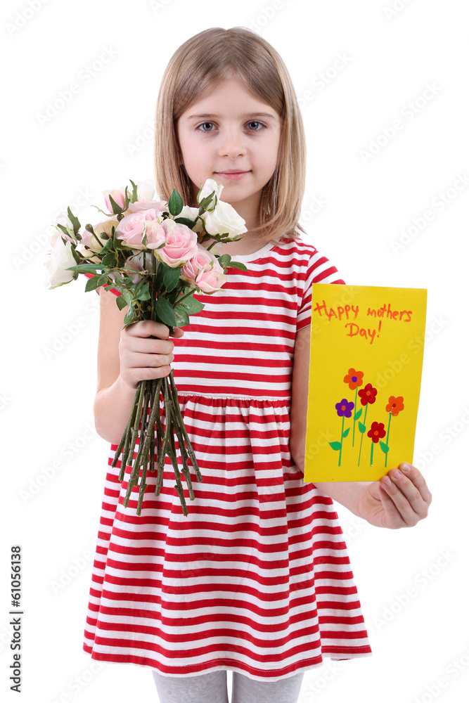Beautiful little girl holding bouquet and card isolated on Beautiful little girl holding bouquet and card isolated on