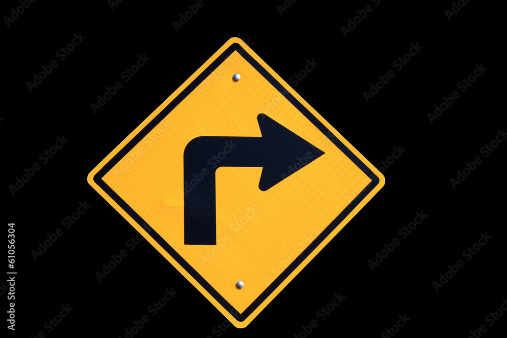 turn right yellow road sign on black background turn right yellow road sign on black background