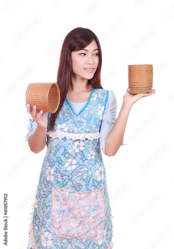 female chef with bamboo rice box female chef with bamboo rice box