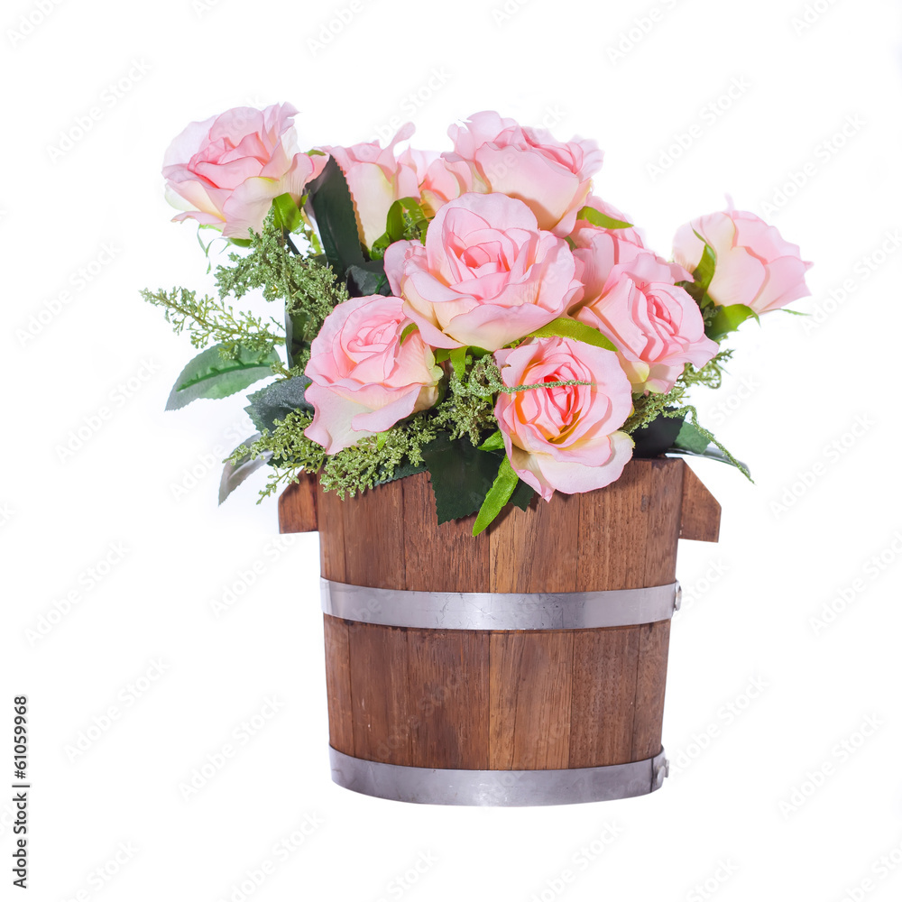 flowers in wooden bucket flowers in wooden bucket