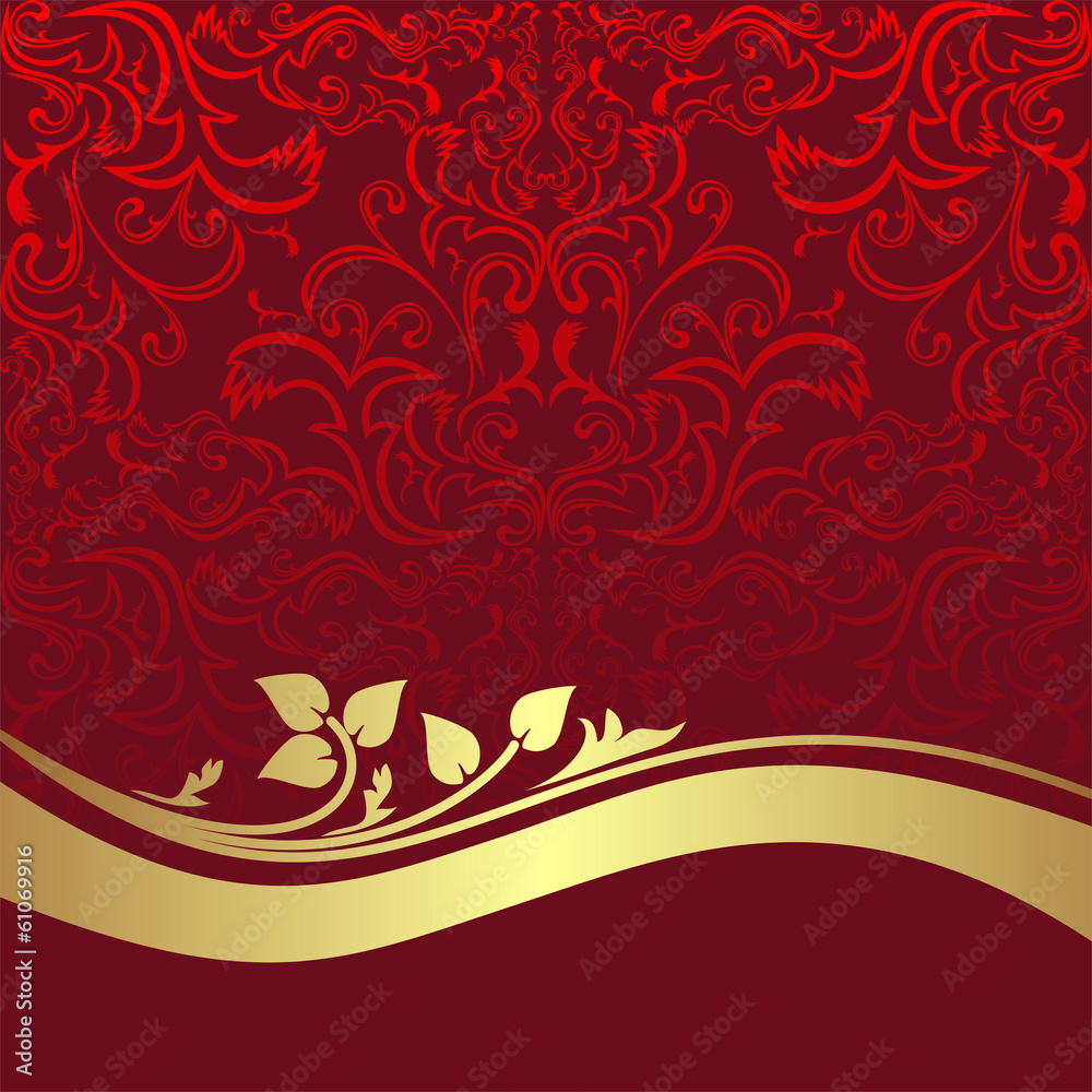 Red luxury ornamental Background with golden Border. Stock Vector