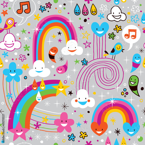 clouds rainbows rain drops fun pattern