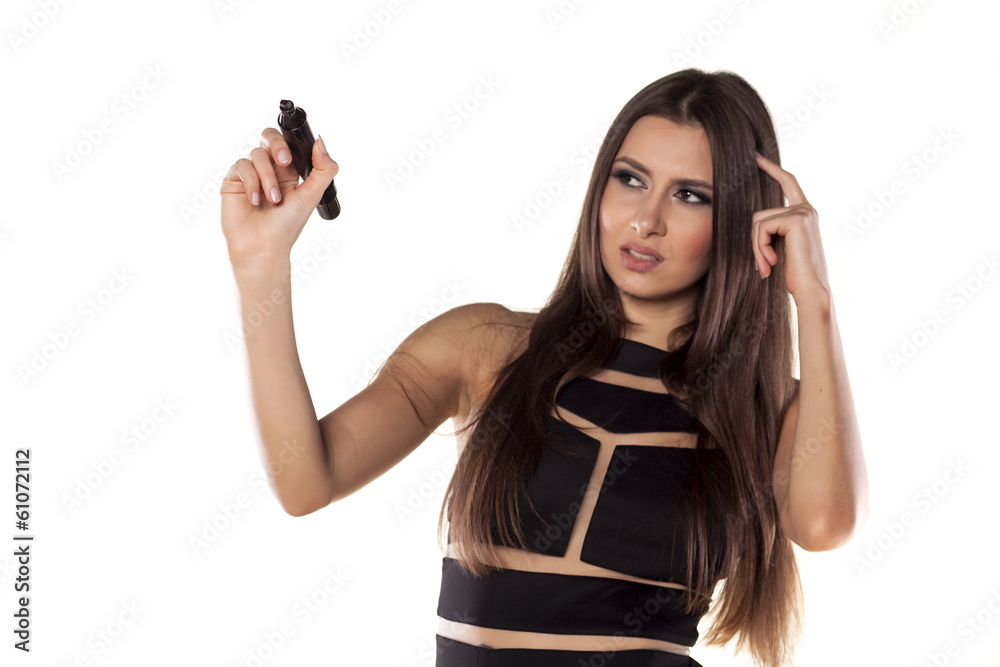 confused cute girl write in the blank with a marker confused cute girl write in the blank with a marker