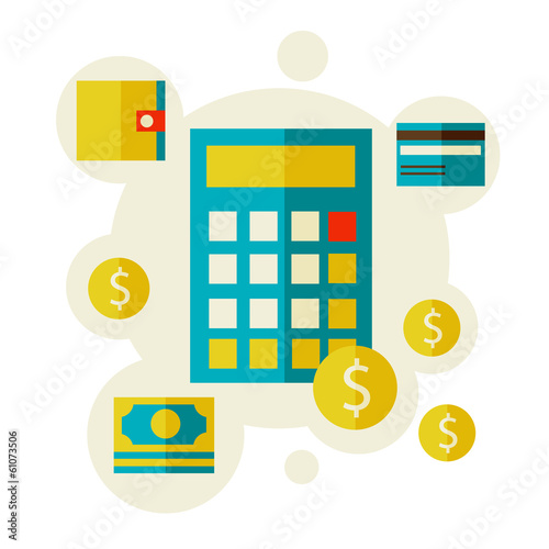 flat style with a calculator and money. Credit and purse