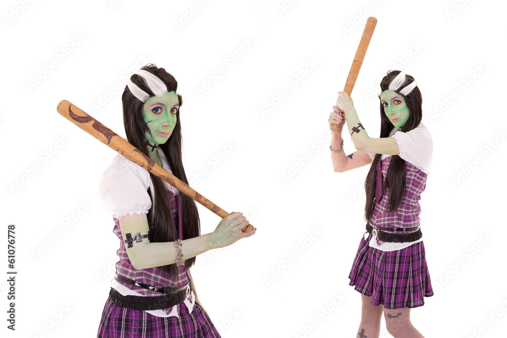 model in Frankenstein costume with baseball bat model in Frankenstein costume with baseball bat