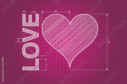 Abstract love heart blueprint, pink background with measures, sc