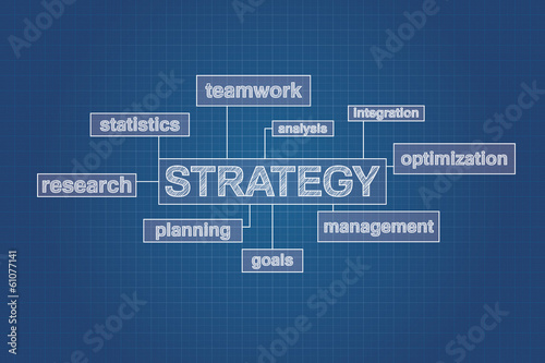 Strategy planning concept word cloud on blueprint, technical dra