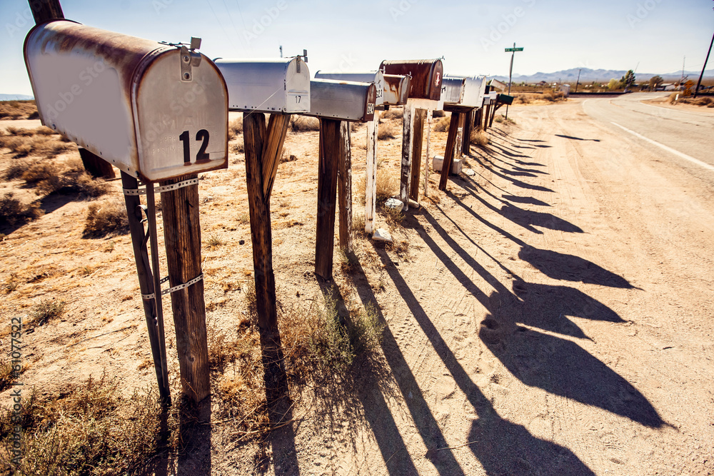 Mail boxes at Arizona desert - obrazy, fototapety, plakaty 