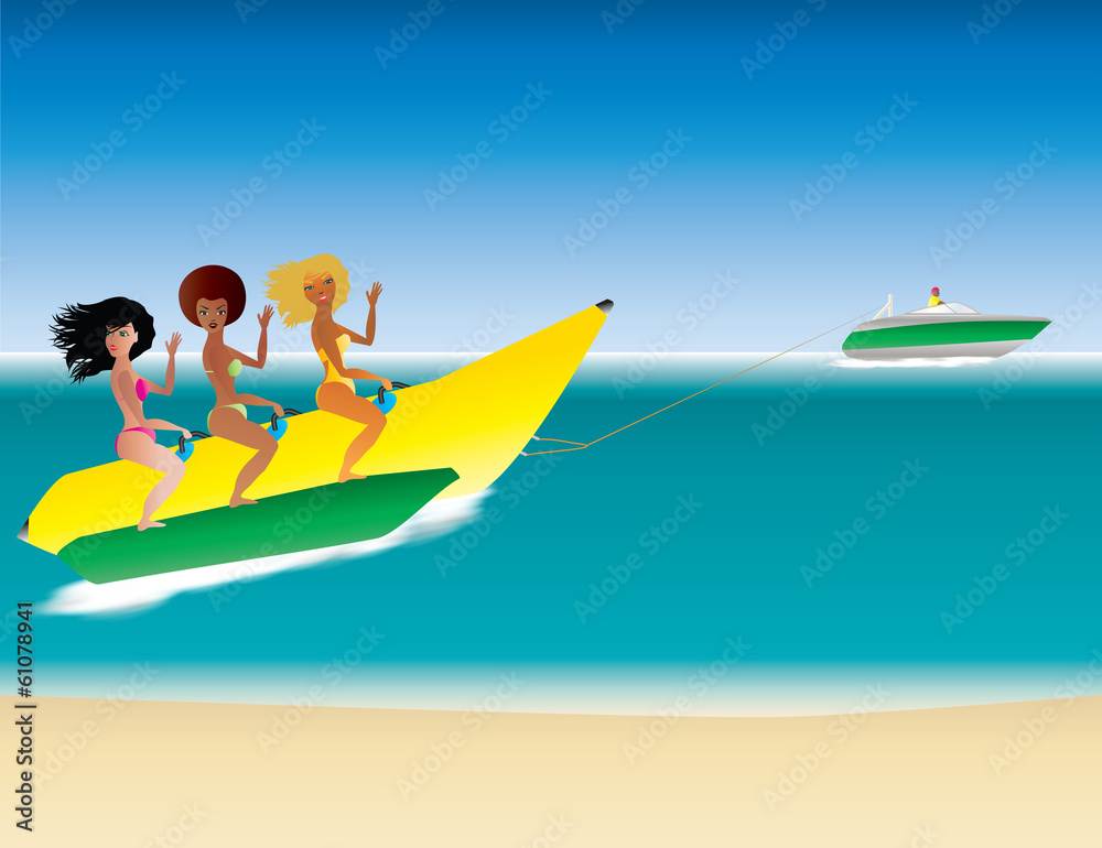 Three cartoon women on a Banana Boat