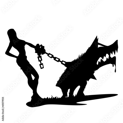 Dog - sexy girl, icon, vector, walking, chain, leach, barking,