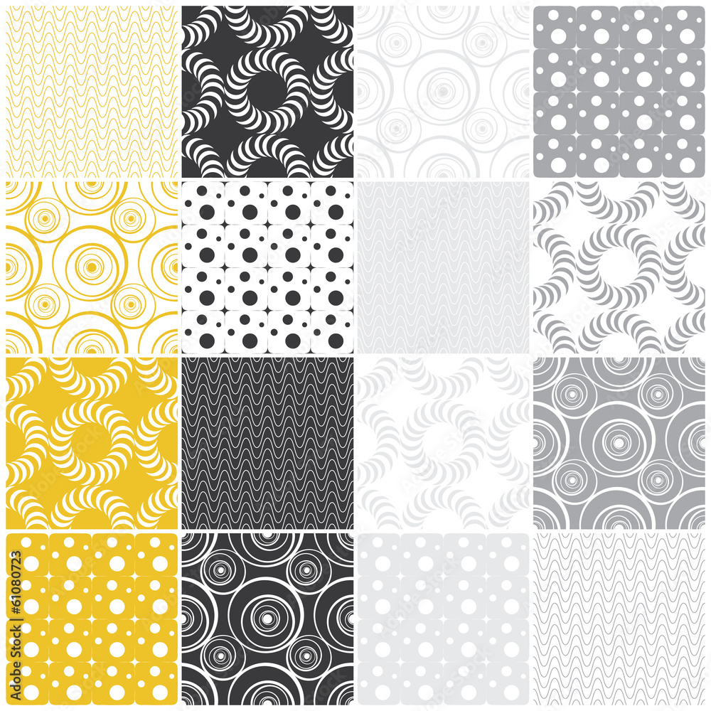 geometric seamless patterns: dots, circles and waves