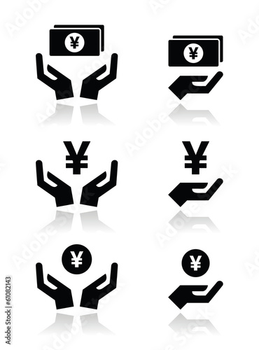 Hands with yen banknote, coin vector icons set