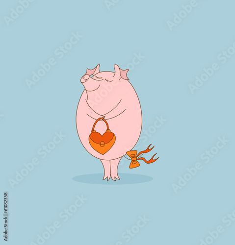 Pig with heart-shaped bag.