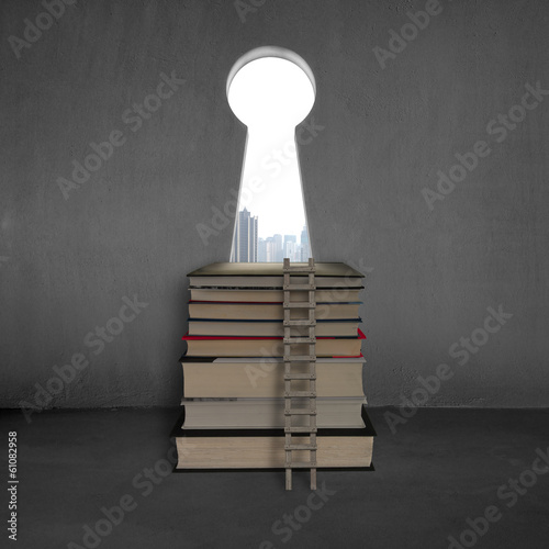 Key shape door with stack books, ladder and city view
