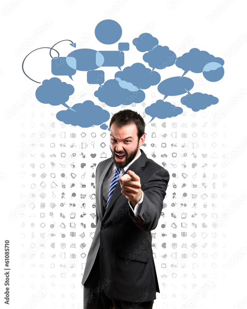 businessman angry and shouting over background with icons businessman angry and shouting over background with icons