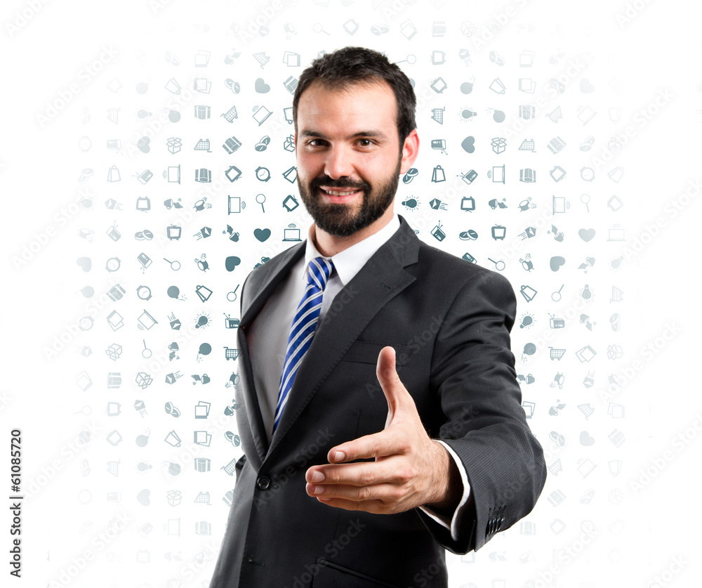 businessman making a deal over background with icons businessman making a deal over background with icons