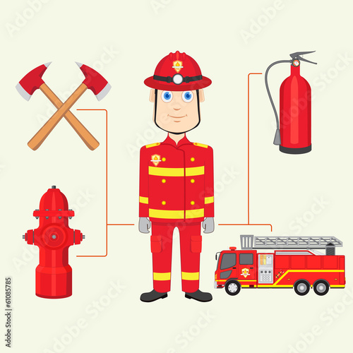 vector illustration of fireman with fire brigade