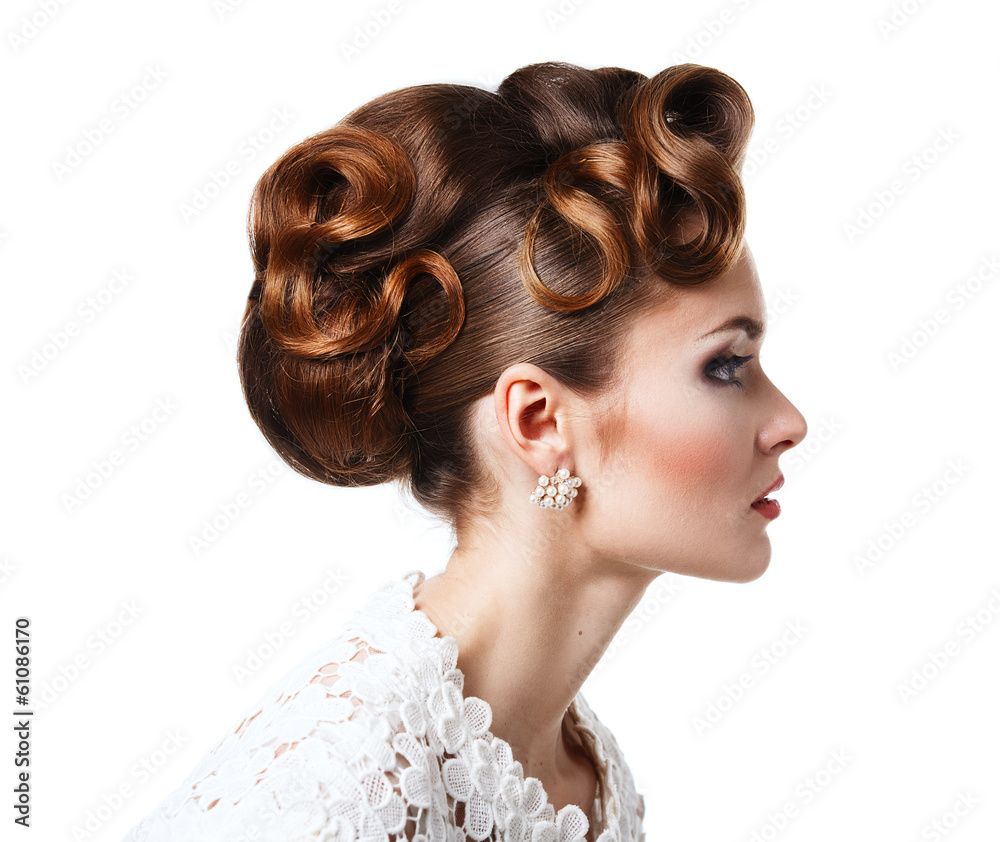 Elegant girl in a white dress - beautiful hairstyle with curls o