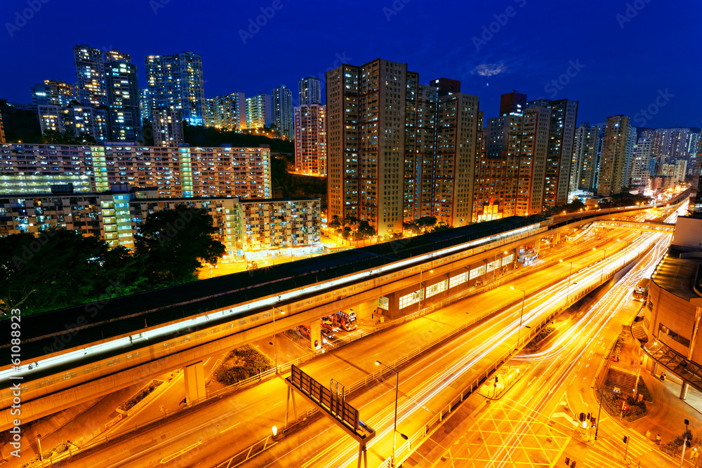 busy highway train traffic night in finance urban