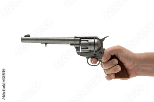 Men hand with revolver pistol isolated on a white background