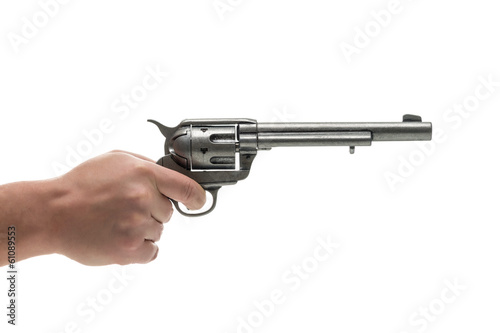 Men hand with revolver pistol isolated on a white background