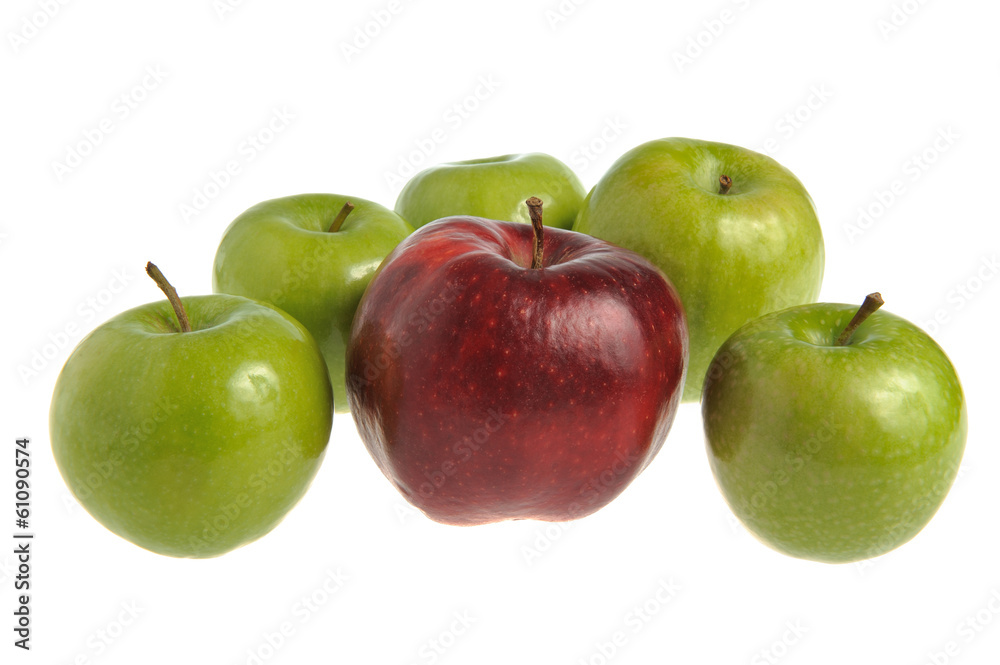 One red apple and five green apples isolated One red apple and five green apples isolated