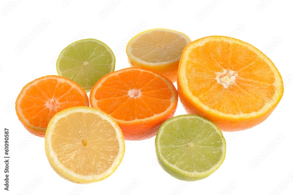 Seven halves of orange, minneola, mandarin, lime and lemon isola Seven halves of orange, minneola, mandarin, lime and lemon isola