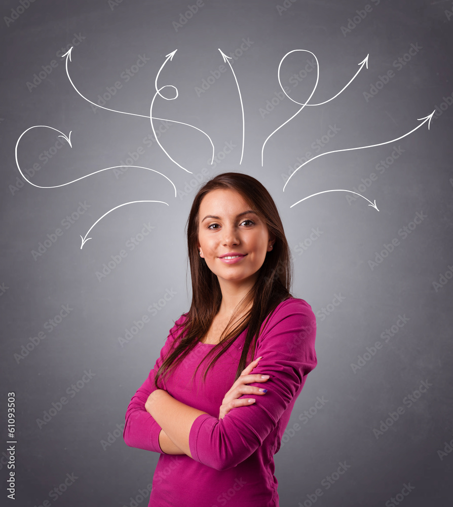 Young girl thinking with arrows overhead Young girl thinking with arrows overhead