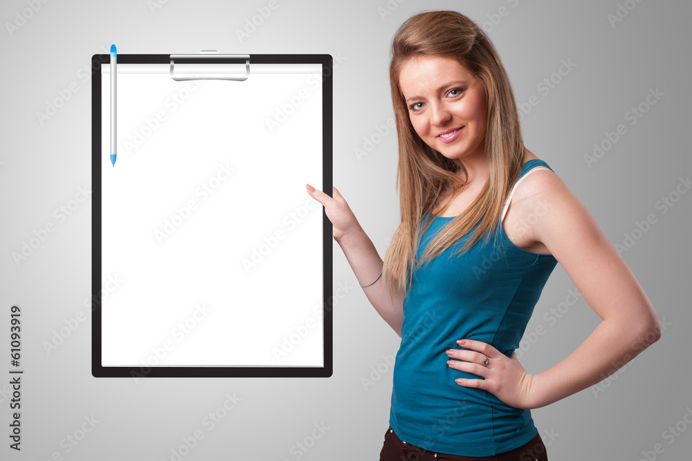 Young girl holding black folder with white sheet copy space