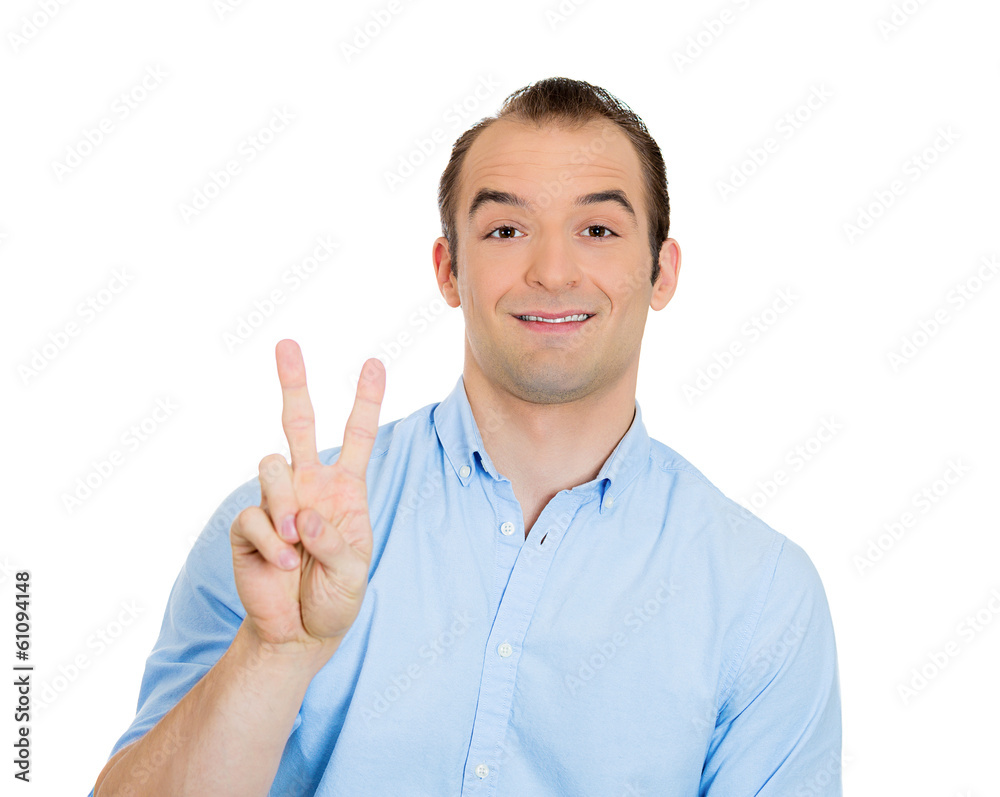 Succesfull man giving peace gesture sign, on white background Succesfull man giving peace gesture sign, on white background
