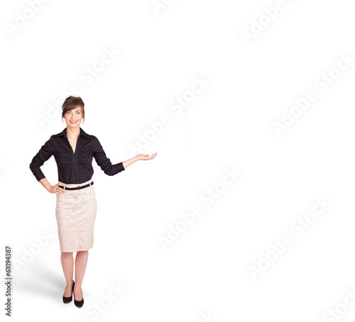 young woman presenting white copy space