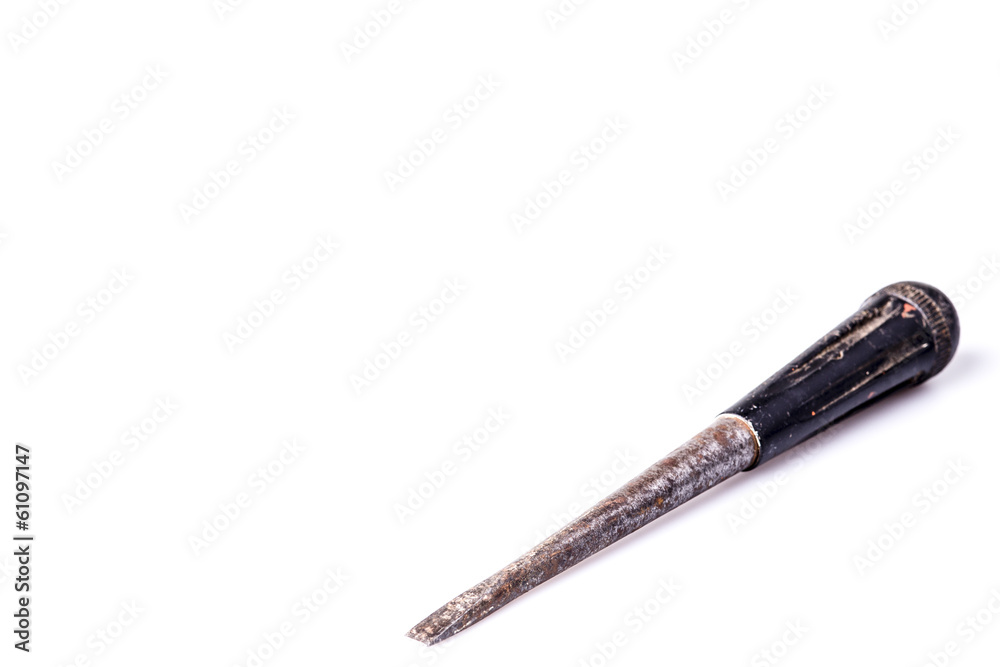 Old black screwdriver on white background Old black screwdriver on white background