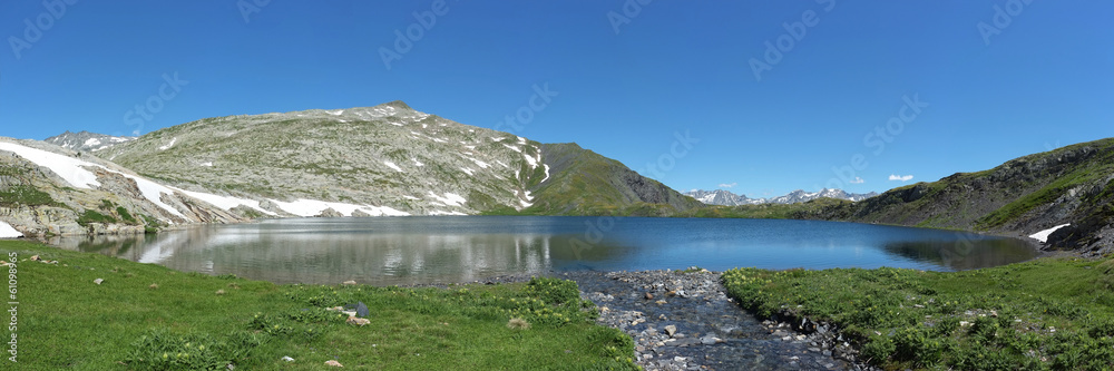Beautiful panorama of the Retico Lake in the Swiss alps