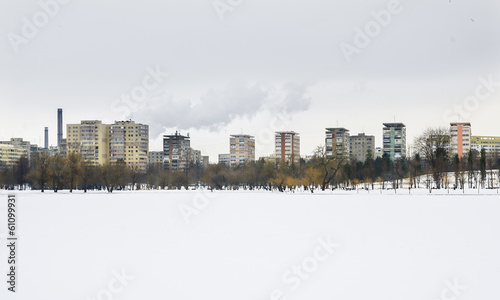 City view over frozen lake