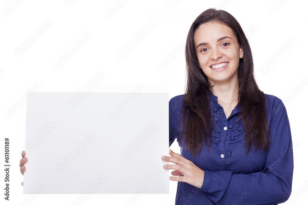 Happy beautiful woman showing blank signboard, isolated on white Happy beautiful woman showing blank signboard, isolated on white