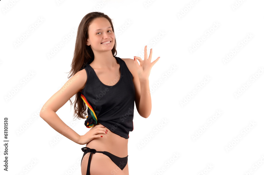 Attractive happy girl signing ok. Zero size shape. Attractive happy girl signing ok. Zero size shape.
