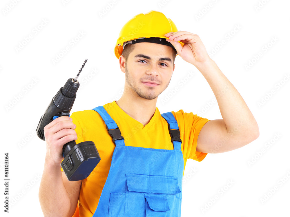 Male builder in yellow helmet isolated on white Male builder in yellow helmet isolated on white