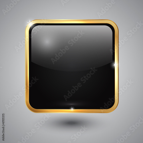 Vector glass square button with round corners and golden frame