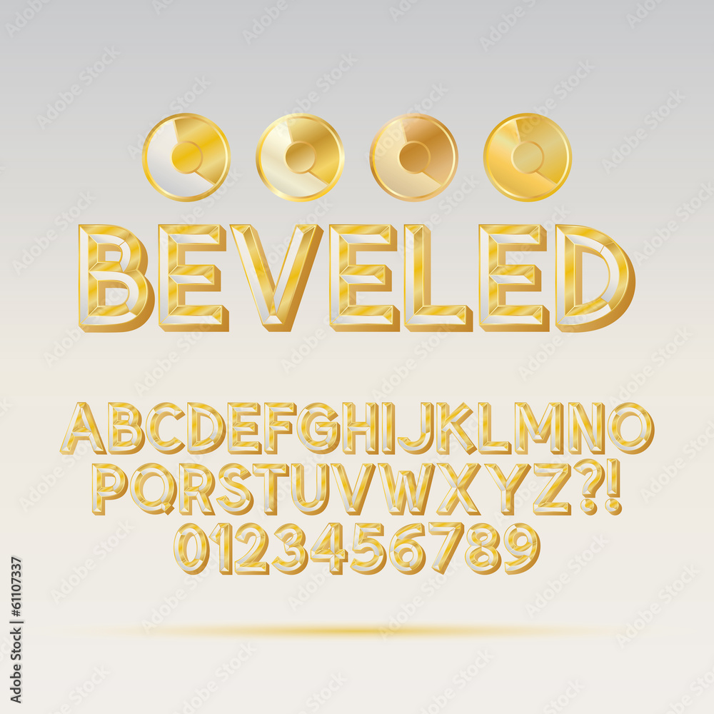 Gold Beveled Outline Font and Digit, Eps 10 Vector, Editable for