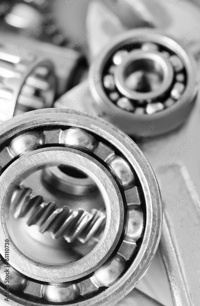 Machine gear, metal cogwheels, nuts and bolts Machine gear, metal cogwheels, nuts and bolts