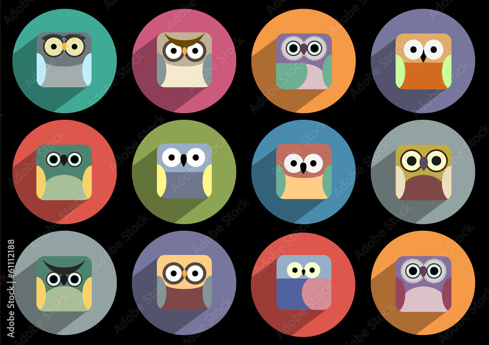 Flat icons of owls with long shadow effect Flat icons of owls with long shadow effect