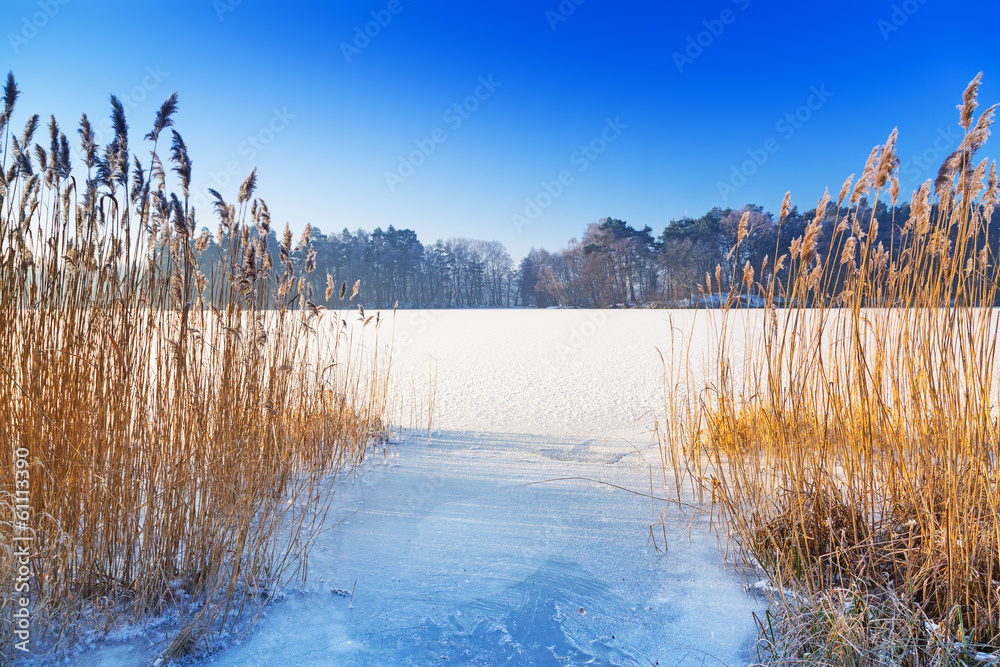 Fototapeta premium Winter scenery of frozen lake in Poland