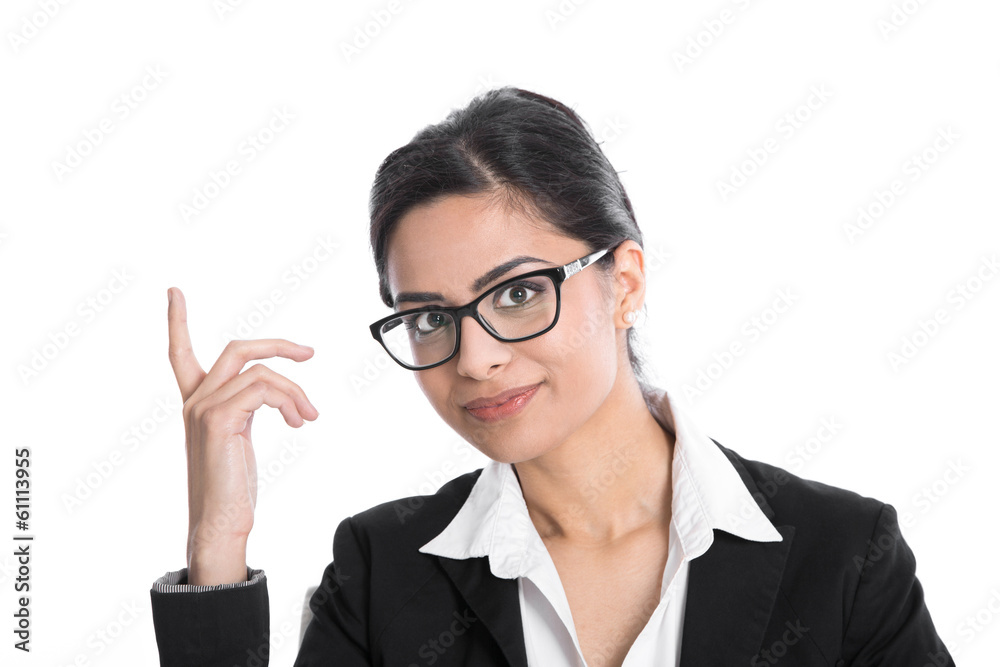 Business Frau isoliert mit dunklen Haaren und Zeigefinger Business Frau isoliert mit dunklen Haaren und Zeigefinger