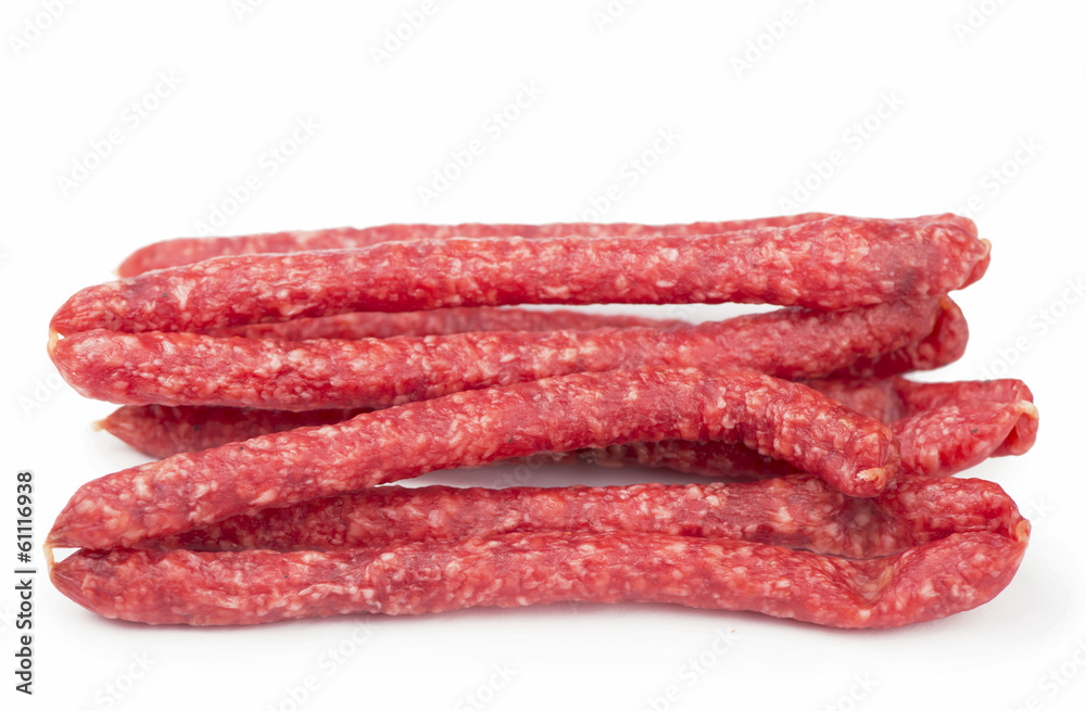 Smoked sausages on white background Smoked sausages on white background