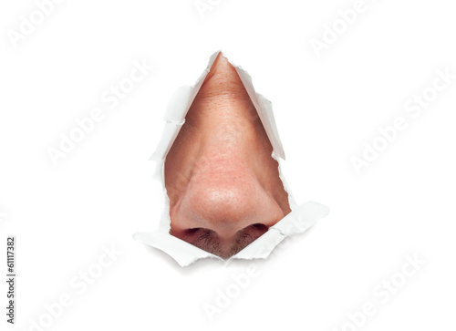 The human nose sticks out through a hole photo