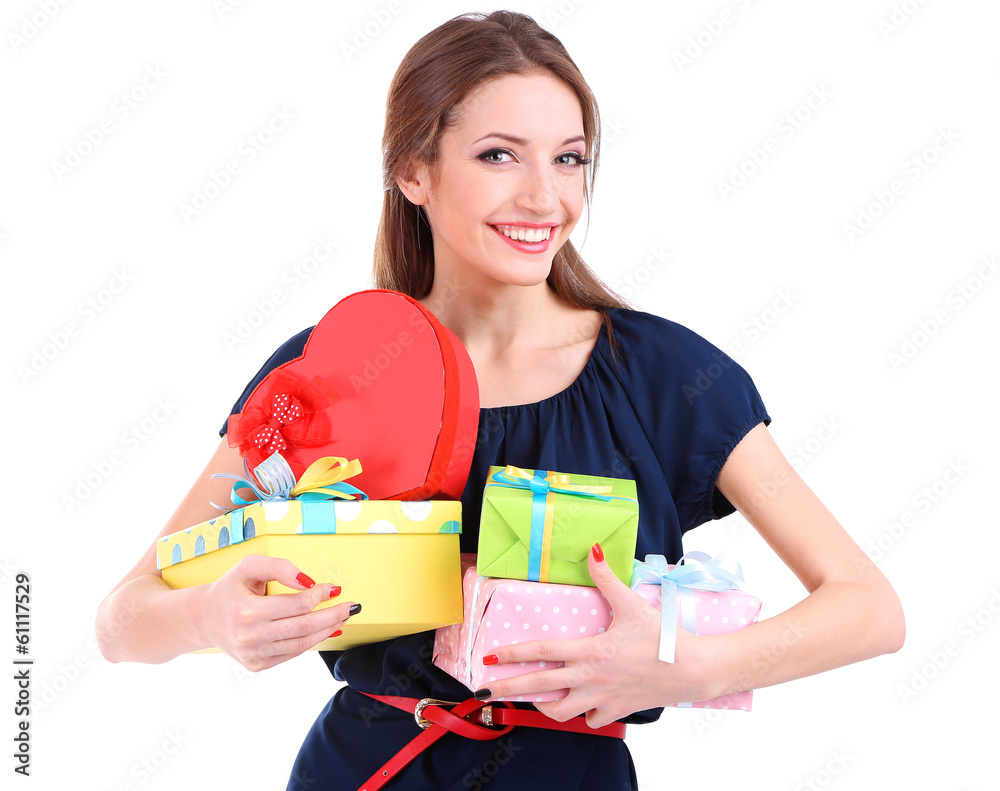 Attractive woman with gift boxes, isolated on white Attractive woman with gift boxes, isolated on white