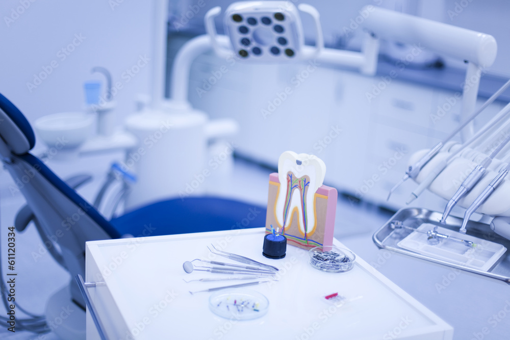 Dental instruments and tools in a dentists office 