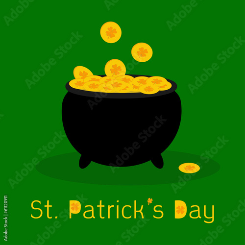 Black pot full of leprechauns gold coins with lucky clovers. St