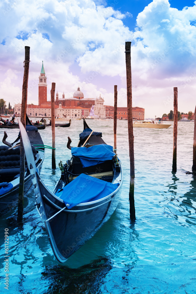 Gondolas docked in Venice
